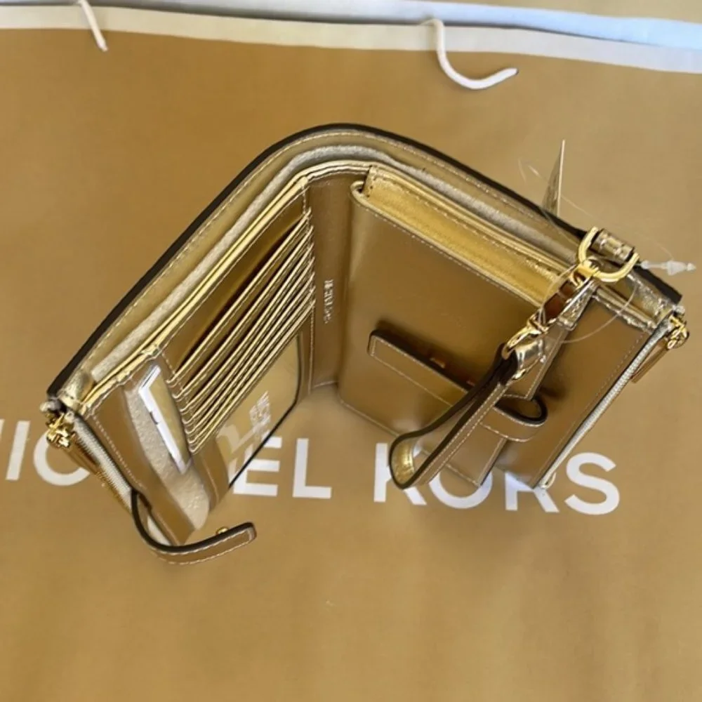 Michael Kors Jet Set Travel Large Double Zip Wristlet Wallet Pale Gold
